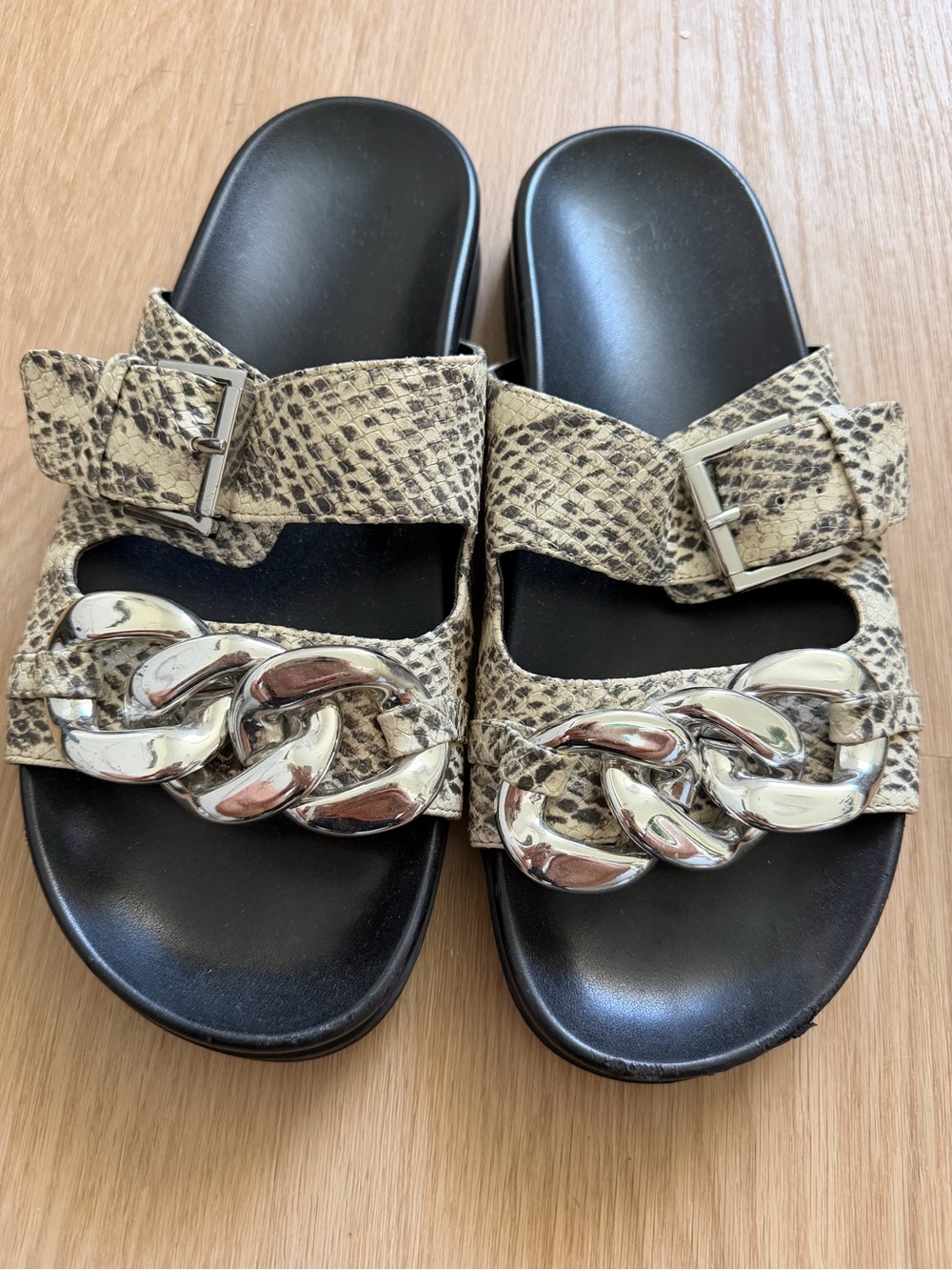 Marc Fisher Snake-Print Slide Sandals with Silver Chain
